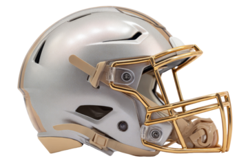 Close-up of a light beige/cream football helmet with gold accents