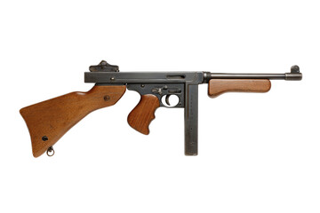 Side view of a vintage submachine gun.  Wooden stock, dark metal receiver,  appears well-maintained