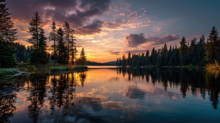 Obraz premium The calm waters of a lake capture the vibrant hues of sunset, with tall evergreen trees lining the shore. Soft clouds add depth to the evening sky, creating a peaceful atmosphere.