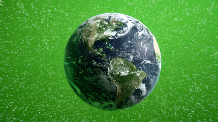 A vibrant image of Earth against a green backdrop, showcasing continents and swirling clouds.
