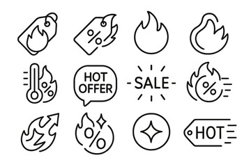 Hot Deals Icons. Line style icons of hot deals: flame icon on price tag, burning discount label, fire-shaped badge, sale with heat