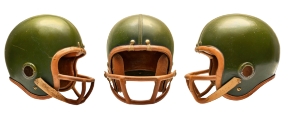 Vintage green and brown football helmets