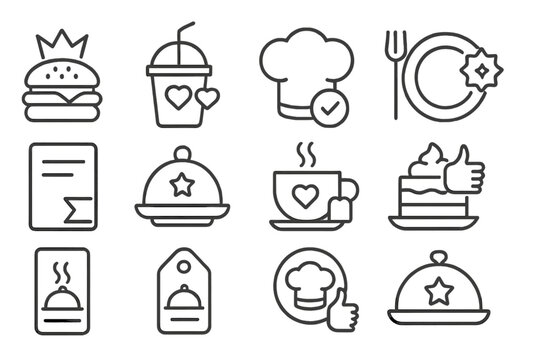 Recommended Food Icons. Line style icons of recommended food and drinks: burger with crown, smoothie cup with heart tag, chef hat