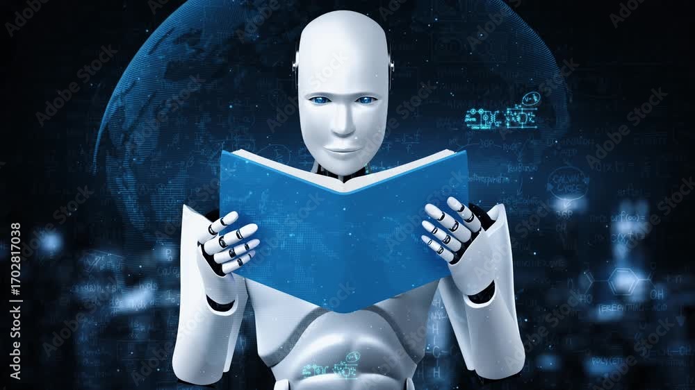Poster 3d rendering of robot hominoid reading book and solving math data analytics in concept of future mat