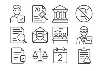 Academic Appeal Icons. Line style icons of academic appeals: student with appeal file, exam mark review icon, university board