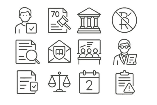 Academic Appeal Icons. Line style icons of academic appeals: student with appeal file, exam mark review icon, university board