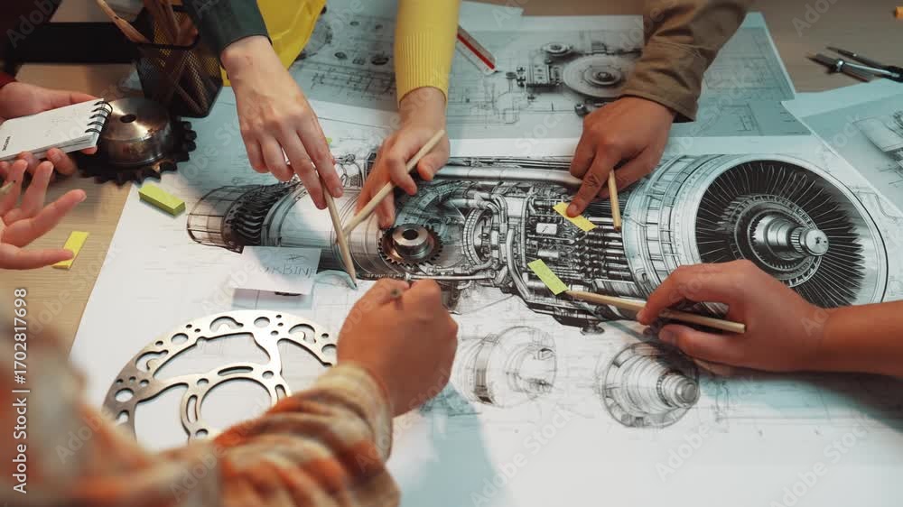 Poster a focused group engages in a technical discussion at an office desk, analyzing mechanical designs an