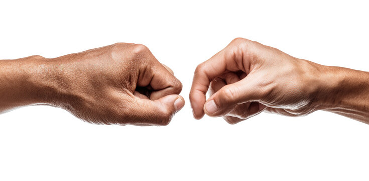 Two fists, touching fingertips, against a black background