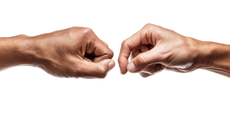 Two fists, touching fingertips, against a black background