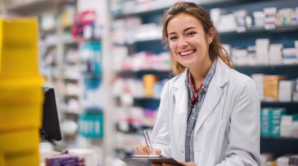 A cheerful young pharmacist stands at the counter, holding a clipboard and pen while surrounded by shelves stocked with various medications. Bright atmosphere enhances the pharmacy setting.