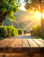 Wooden table, garden, sunrise