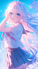 Cheerful and cool girl anime character smiling jumping pose