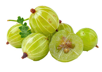 Close-up of several gooseberries, some whole and one halved, displaying vibrant light green skin with prominent ribbed texture.  