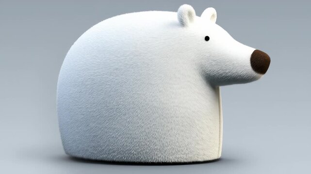 Animated 3D illustration of stylized polar bear with round furry body and no paws isolated on grey background	