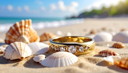 Golden ring on a sandy beach with shells. Sunlight and blue sky
