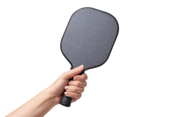 A hand holds a paddle. Gray paddle, black handle