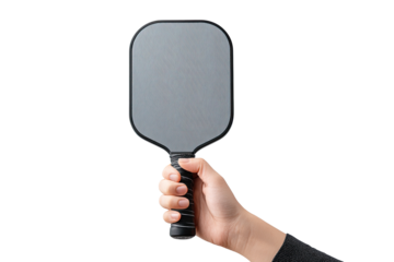 Hand holding a paddle.  Gray paddle, black handle