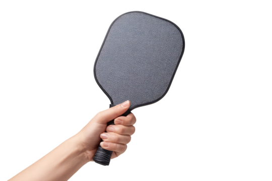 A hand holds a paddle.  Gray paddle, black handle