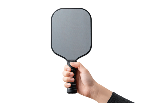 Hand holding a paddle.  Gray paddle, black handle