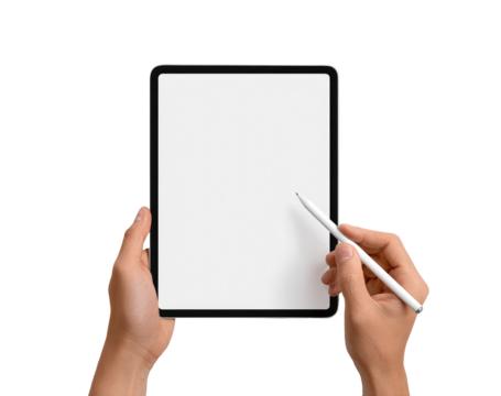 Hands holding a tablet computer with a stylus.  Tablet's screen is blank