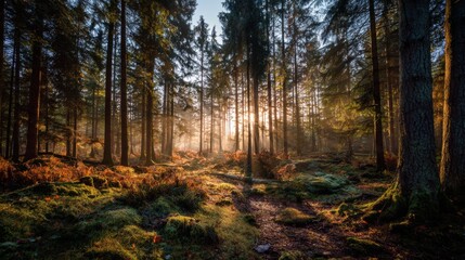 Fototapeta premium Morning light breaks through the tall trees of a tranquil forest, casting a warm glow on lush greenery and creating a peaceful atmosphere.