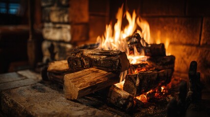 A warm fire burns brightly in a rustic cabin fireplace, with logs crackling and glowing orange embers creating a cozy ambiance during the evening.