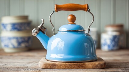 A bright blue kettle sits on a wooden cutting board. Rustic kitchenware with floral designs can be seen in the background, creating a cozy kitchen atmosphere.