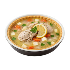 Close up shot of a bowl of chicken soup with vegetables and lemon slice on a black background created with generative ai