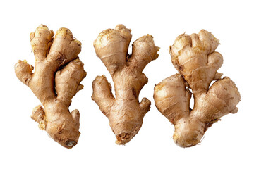 Three whole ginger roots, displayed top-down against a black background.  Each ginger has multiple knobby, finger-like growths.  The roots are a light tan color with subtle darker specks