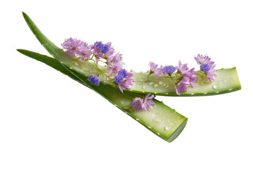 Close-up of aloe vera slices adorned with small purple and blue flowers, glistening with water droplets