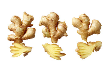 Three pieces of fresh ginger,  close-up,  showing root structure.  Each root is a light golden-brown color, with intricate,  branching patterns