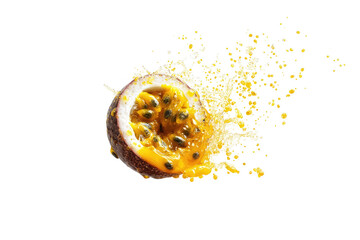 Passion fruit half exploding in a burst of golden particles