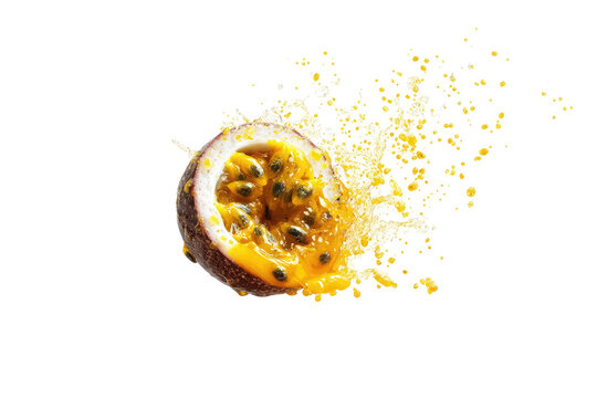 Passion fruit half exploding in a burst of golden particles