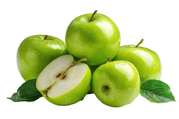 Fresh green apples piled together, one sliced in half, with leaves