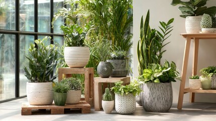 Fototapeta premium A vibrant indoor garden features a variety of potted plants arranged near a large window, showcasing greenery in decorative pots and containers, creating a serene atmosphere.