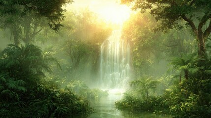 Fototapeta premium Serene Waterfall in Lush Jungle with Warm Sunlight Filter