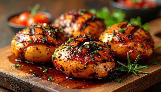 Grilled chicken thighs on a wooden board