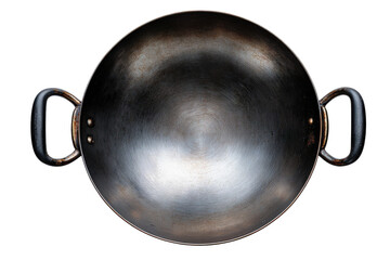 Empty, dark-hued wok, top view.  Round,  metal cooking vessel with dark patina.  Handles on either side.  Smooth interior