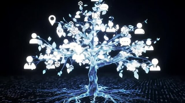 Centered visualization of delicate memory tree growing from flowing binary code roots, branches formed of avatars and conversations