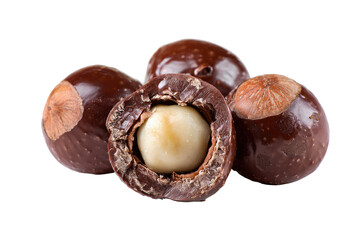 Close-up of three whole and one halved macadamia nuts.  Dark-brown, glossy exterior.  Creamy-white interior kernel visible.  Nuts are clustered close together