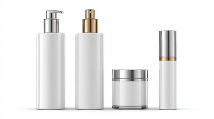 Four skincare bottles are neatly lined up against a white background. Each bottle has a sleek design, showcasing a minimalist aesthetic suitable for a beauty regimen or spa.