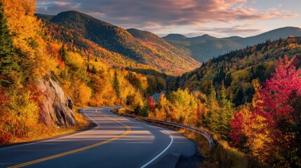 Naklejka premium A winding road cuts through vibrant autumn trees, showcasing red, orange, and yellow leaves against a mountainous backdrop during sunset. The sky is painted with soft clouds.