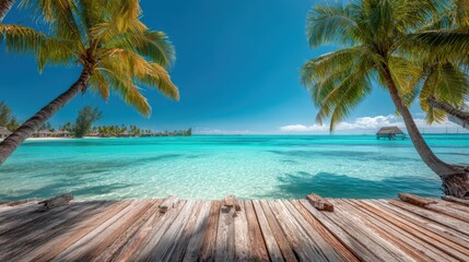 Clear turquoise water stretches out from a wooden pier surrounded by lush palm trees under a bright blue sky. A perfect escape to nature and tranquility awaits visitors.