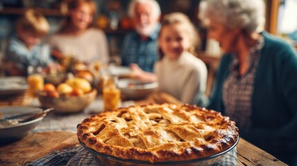 A group of smiling family members sits around a table in a rustic kitchen, enjoying each others company as they prepare to eat a freshly baked apple pie.
