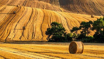 Golden hay bales on rolling hills