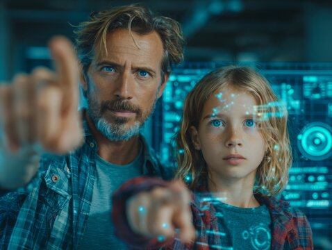 A father and daughter interacting with futuristic holographic touch screen technology, exploring innovation and discovery together in an advanced digital environment. - Powered by Adobe
