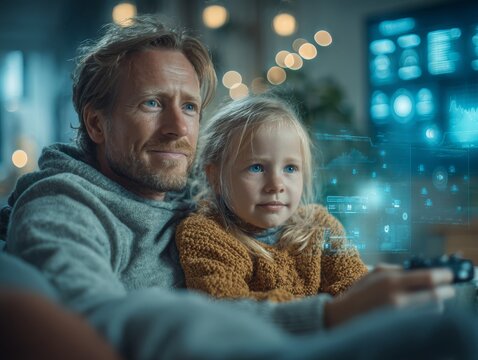 A father and his daughter are gaming together, captivated by the digital screen, creating a precious moment of family bonding, enjoying a cozy and futuristic experience.