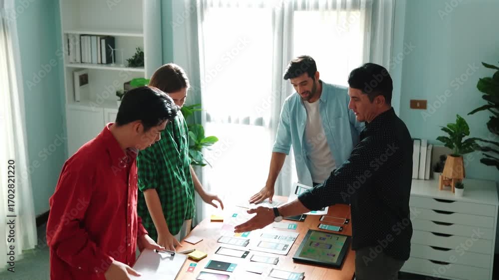 Poster top down view of team working together to compare and plan ux ui design. creative diverse business p