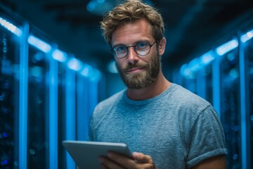 Portrait of a handsome IT specialist in a server room holding a tablet, looking at the camera, in a modern high-tech data center, blue light, data security and technology.