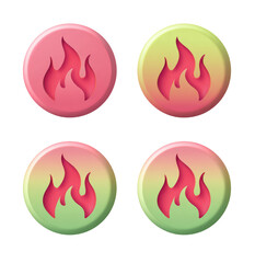 Four circular buttons, each featuring a stylized flame graphic.  The buttons are in a 2x2 grid.  The buttons have a gradient fill, transitioning from pink to light green/lime.  